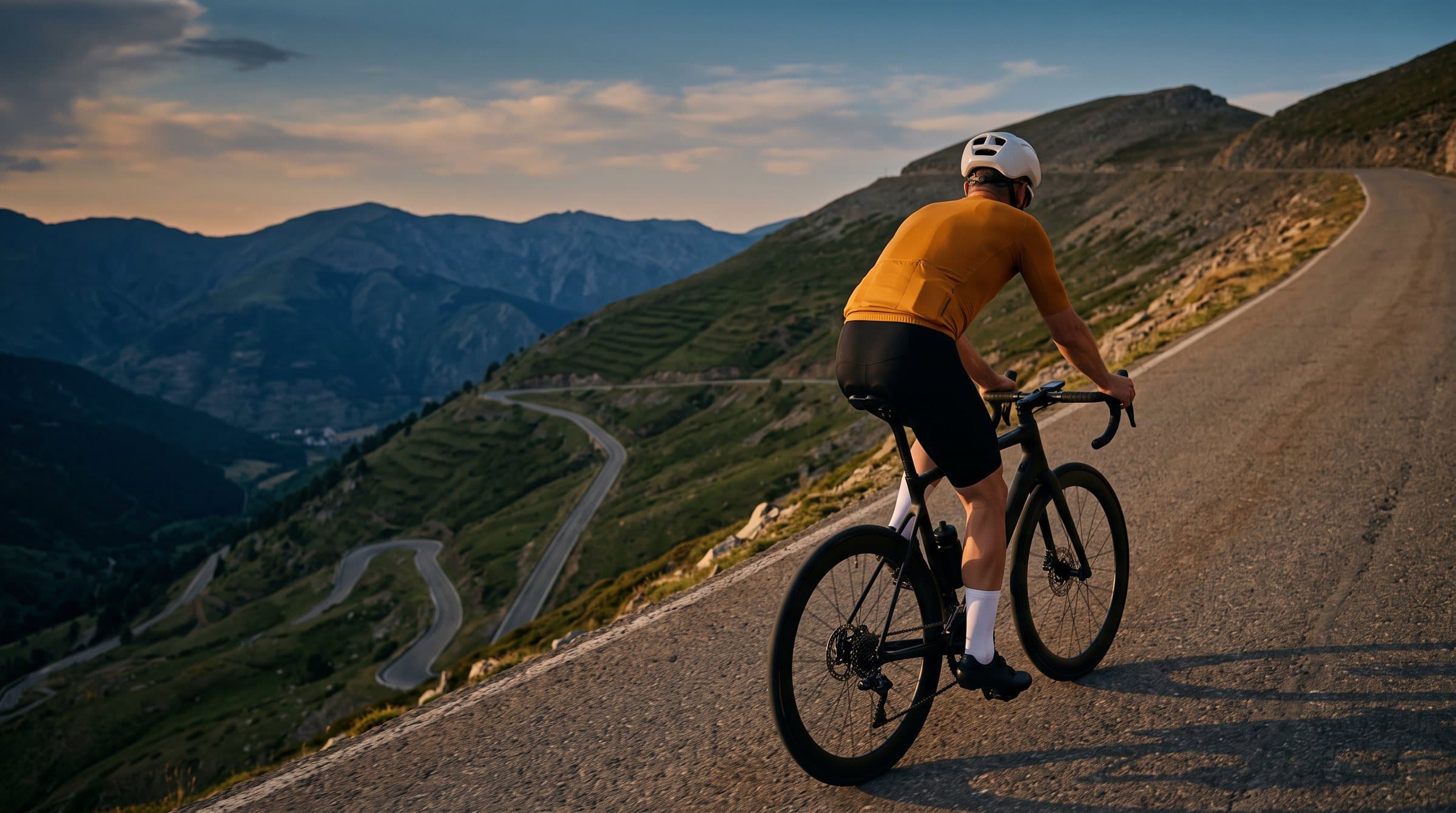 Cyclist climbing a mountain pass at sunset