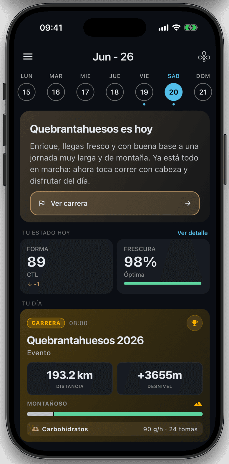 Pantalla diaria de Trainara mostrando el día de la Quebrantahuesos con forma, frescura y plan de carrera
