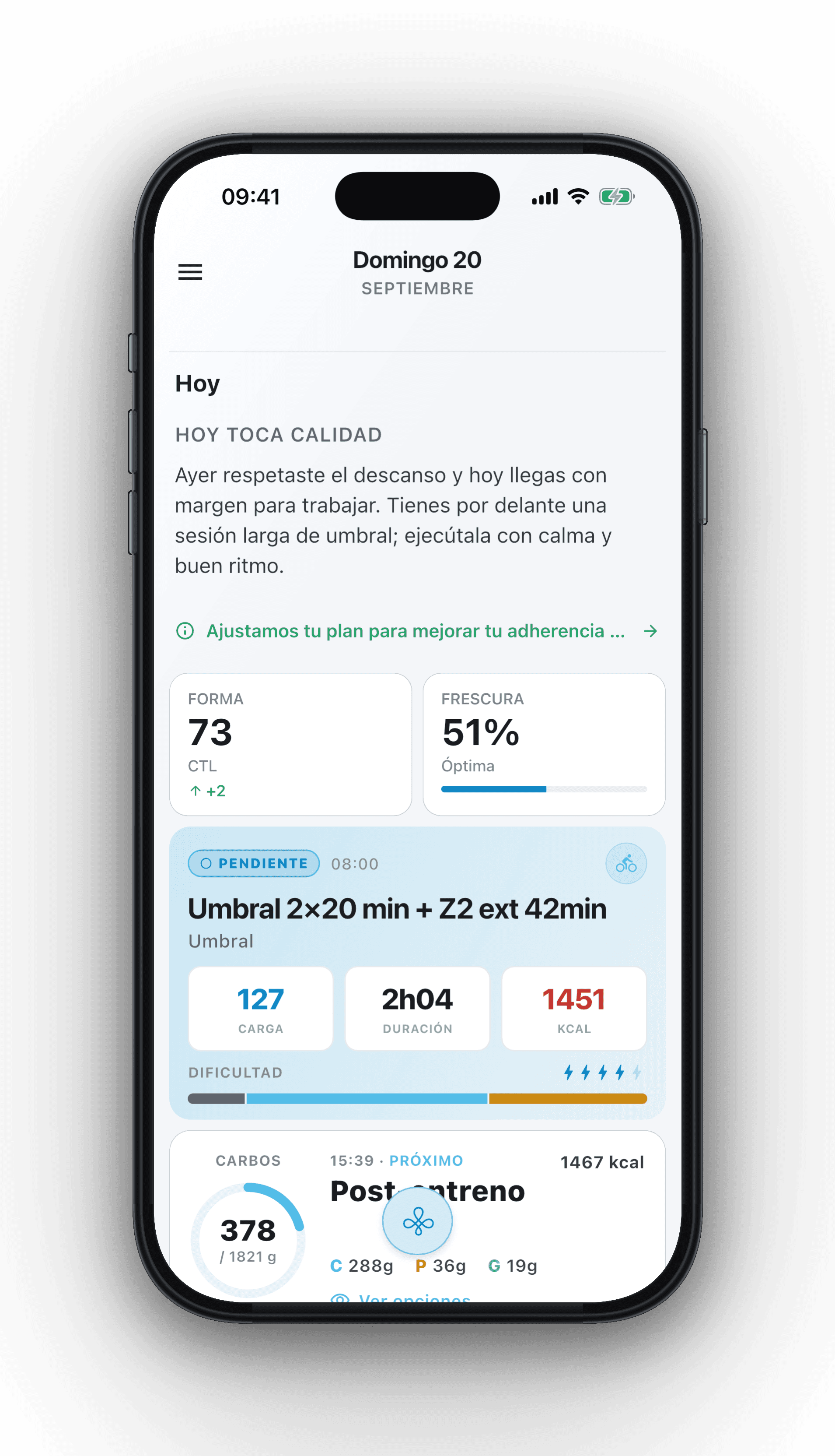 Pantalla diaria de Trainara con la lectura del coach, la forma, la frescura y la sesión del día